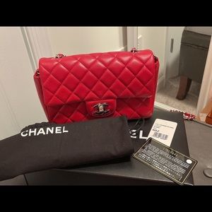 CHANEL Lambskin Quilted Mini Rectangular Flap Red